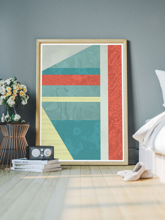 Beach Hut Geometric Art Print in a bedroom