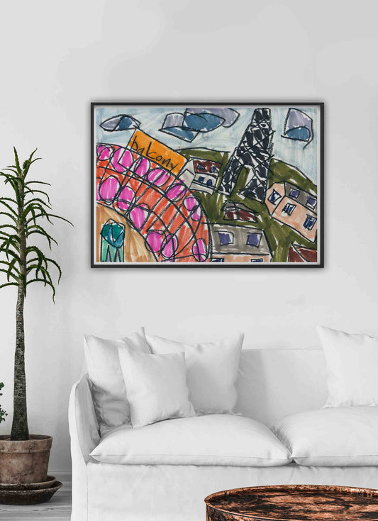 City I Illustration Print in a traditional room interior