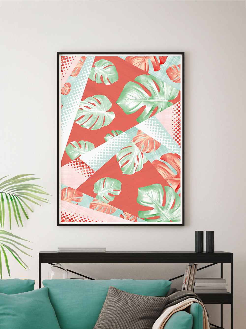 Stylish Monstera Coral Botanical Pattern Print on a wall