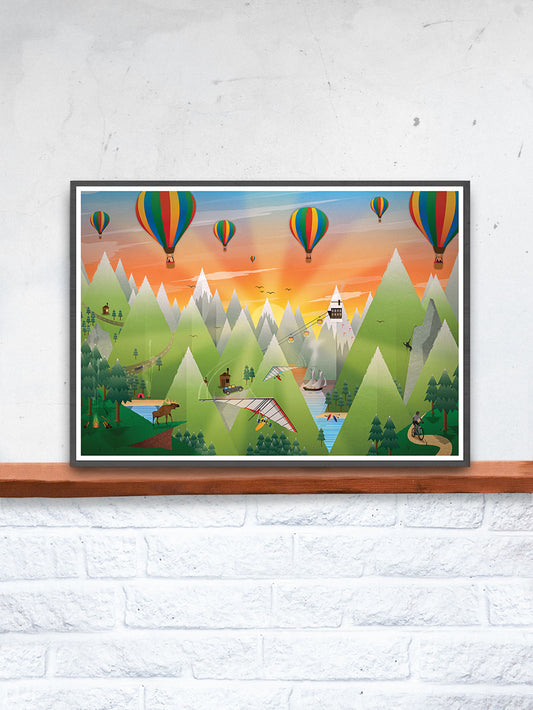 Adventure LandArt Print for Kids in a frame on a shelf