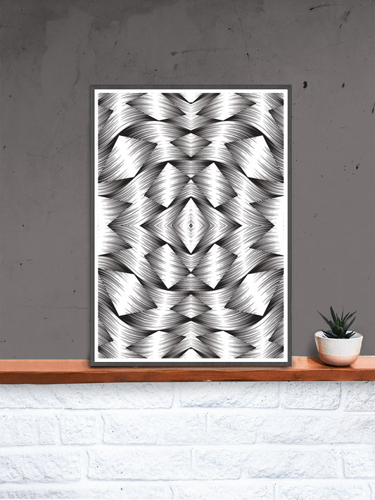 All Seeing I Monochrome Art Print in a frame on a shelf