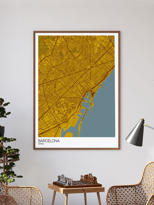Barcelona City Map Wall Art in a frame on a wall