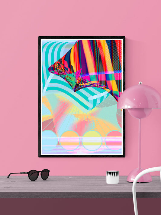 Beach Blanketed Glitch Art Print in a frame on a wall