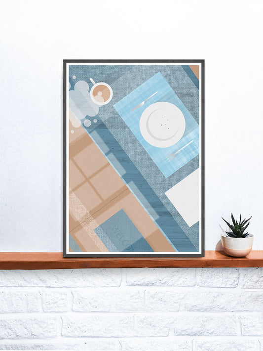 Breakfast Kitchen Print art on a shelf