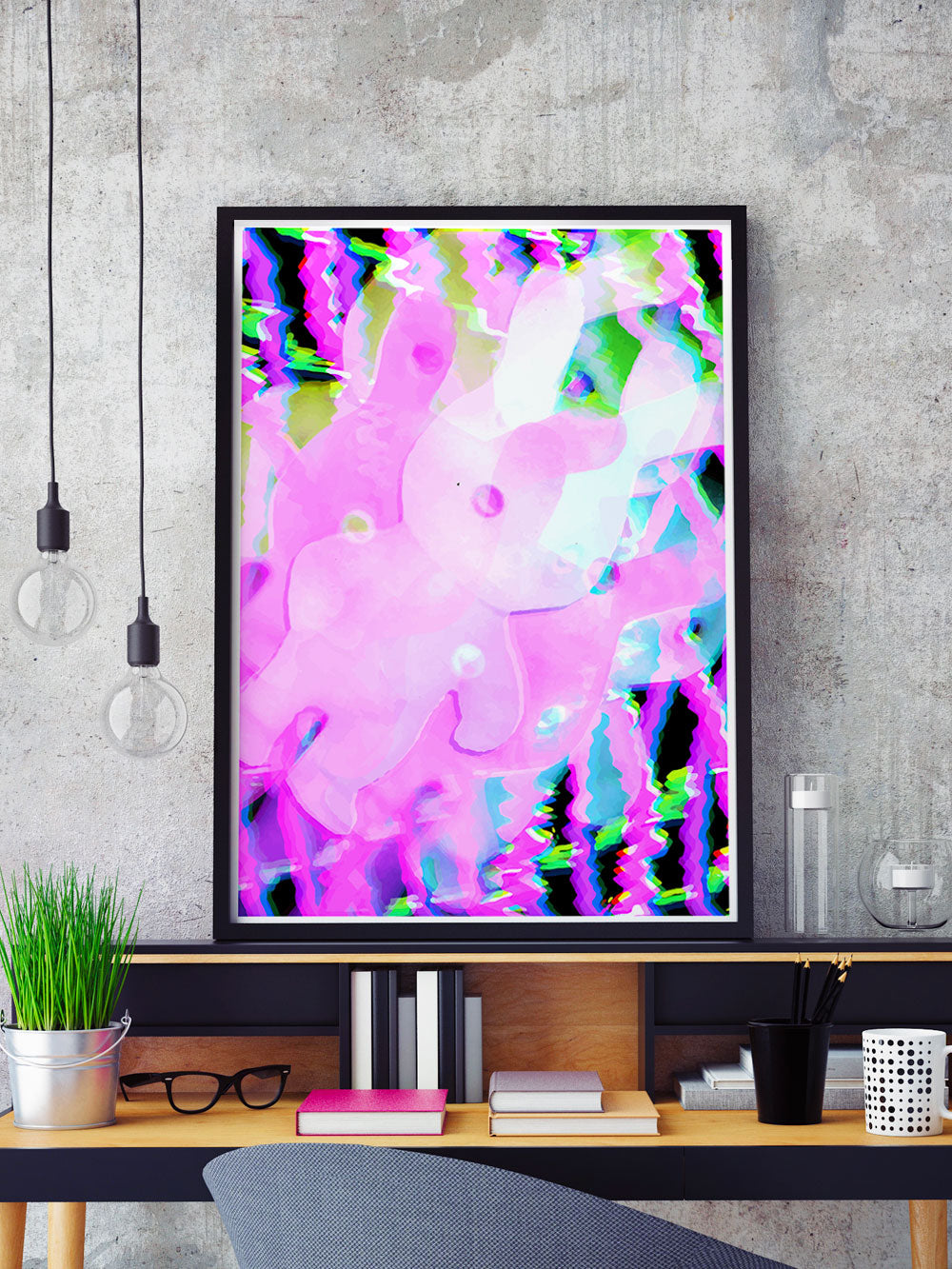 Bunny Pop Pink Abstract Print in a frame on a wall