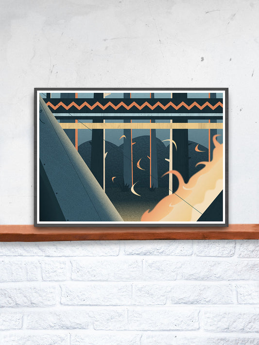 Camp Fire Digital Illustration Art Print in a frame on a shelf