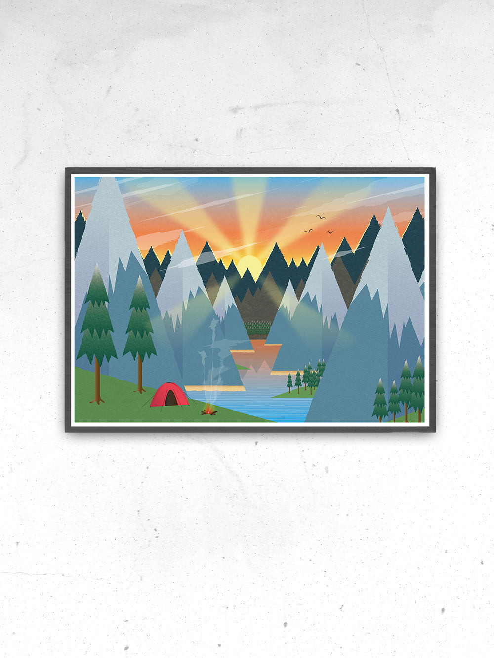 Camping Adventure Kids Art Print in a frame on a wall