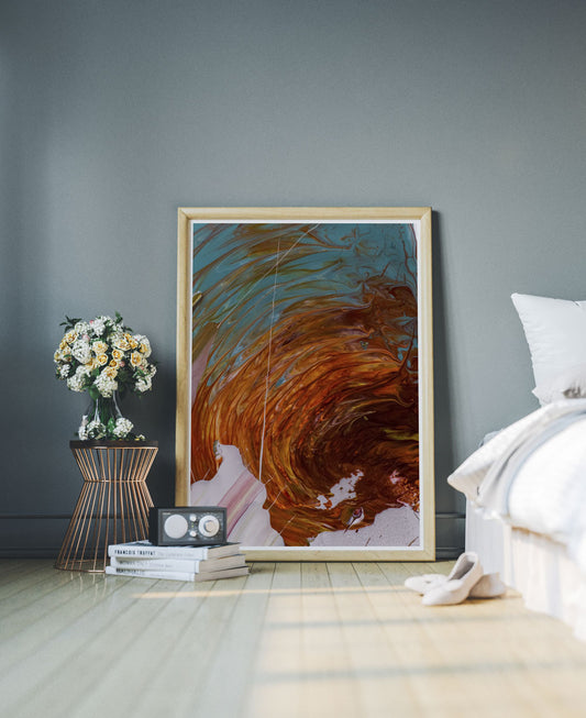 Chaos and Cloud Macro Oil Print on a bedroom floor