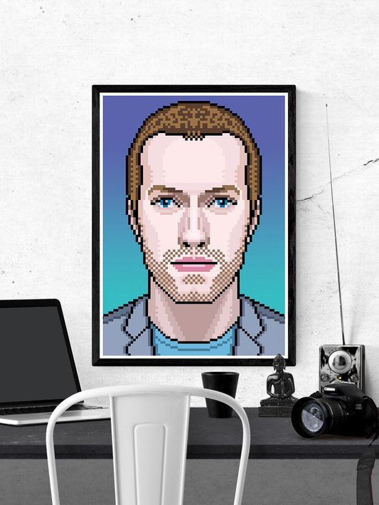 Chris Coldplay Art Print in a frame on a wall