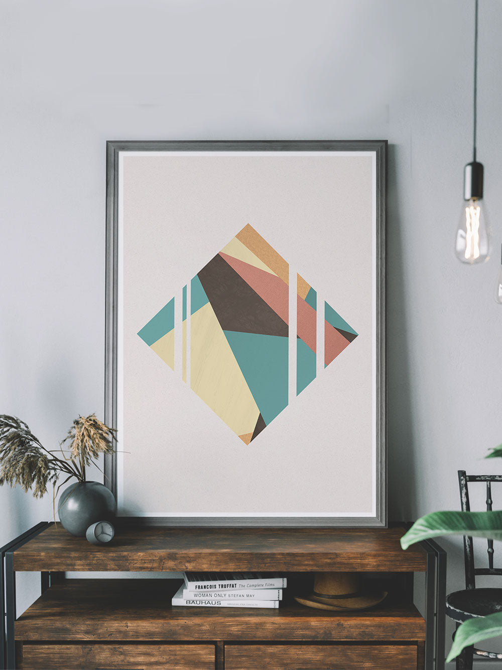 Diamond Neutral Geometric Poster Print on a shelf