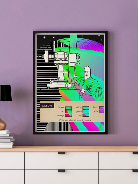 Eye Spy Science Collage Art Print in a frame on a wall