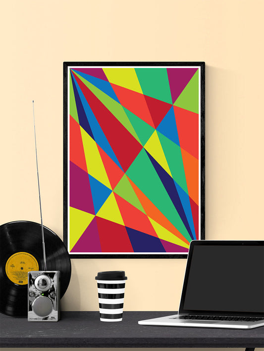 Facettes Un Geometric Art Print in a frame on a shelf