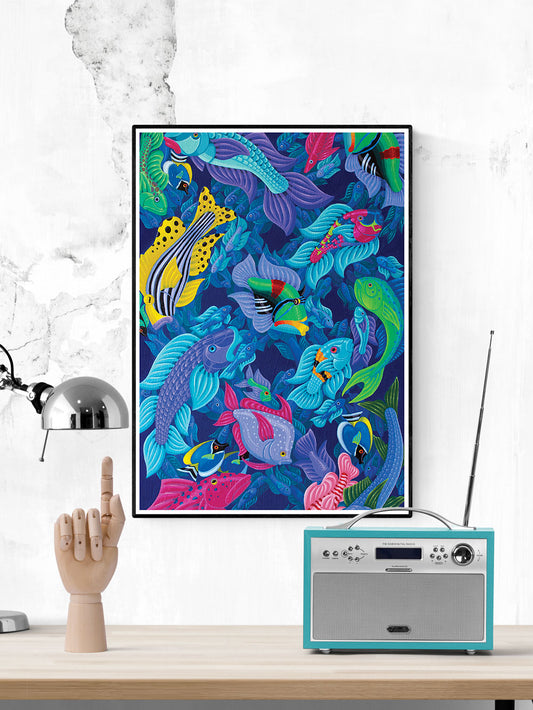 Fish Art Print in a frame on a wall