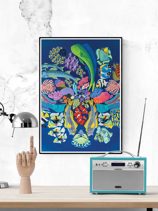Fishanocci Sea-Life Art Print in a frame on a wall