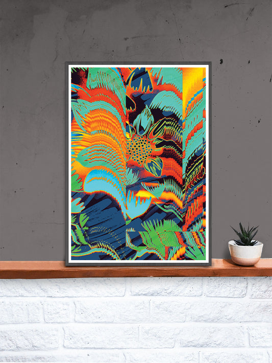 Floral Glitch Art Poster in a frame on a shelf