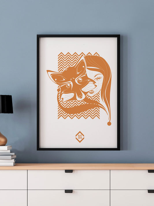 Fox and Girl Beautiful Fox Art in a frame on a wall
