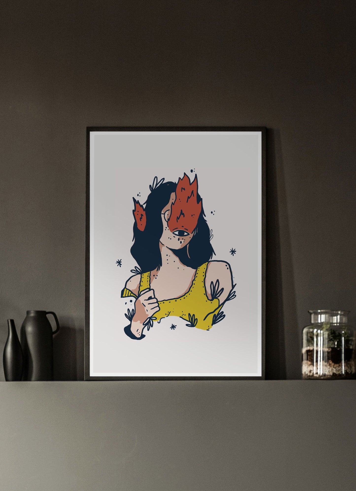 Fuego Mujer ojo Digital Illustration Print in a dark room