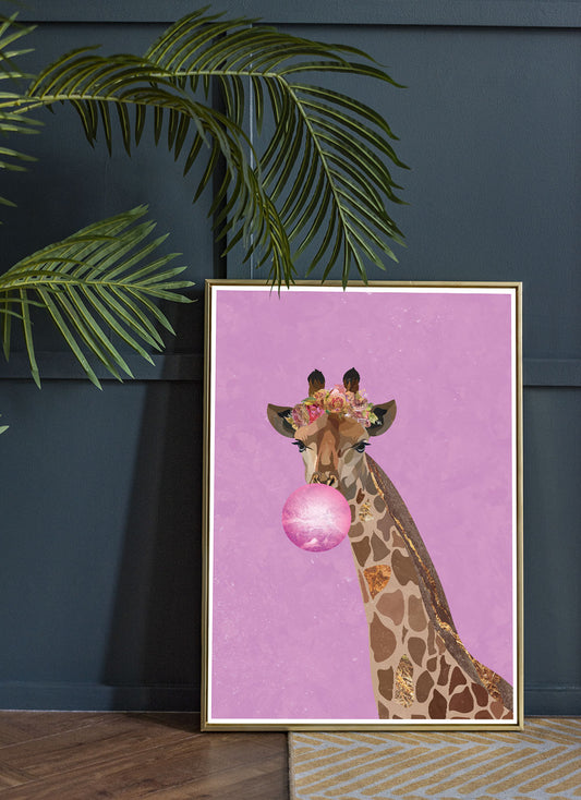 Giraffe Pop Art Print by Sarah Manovski in moody room with a plant