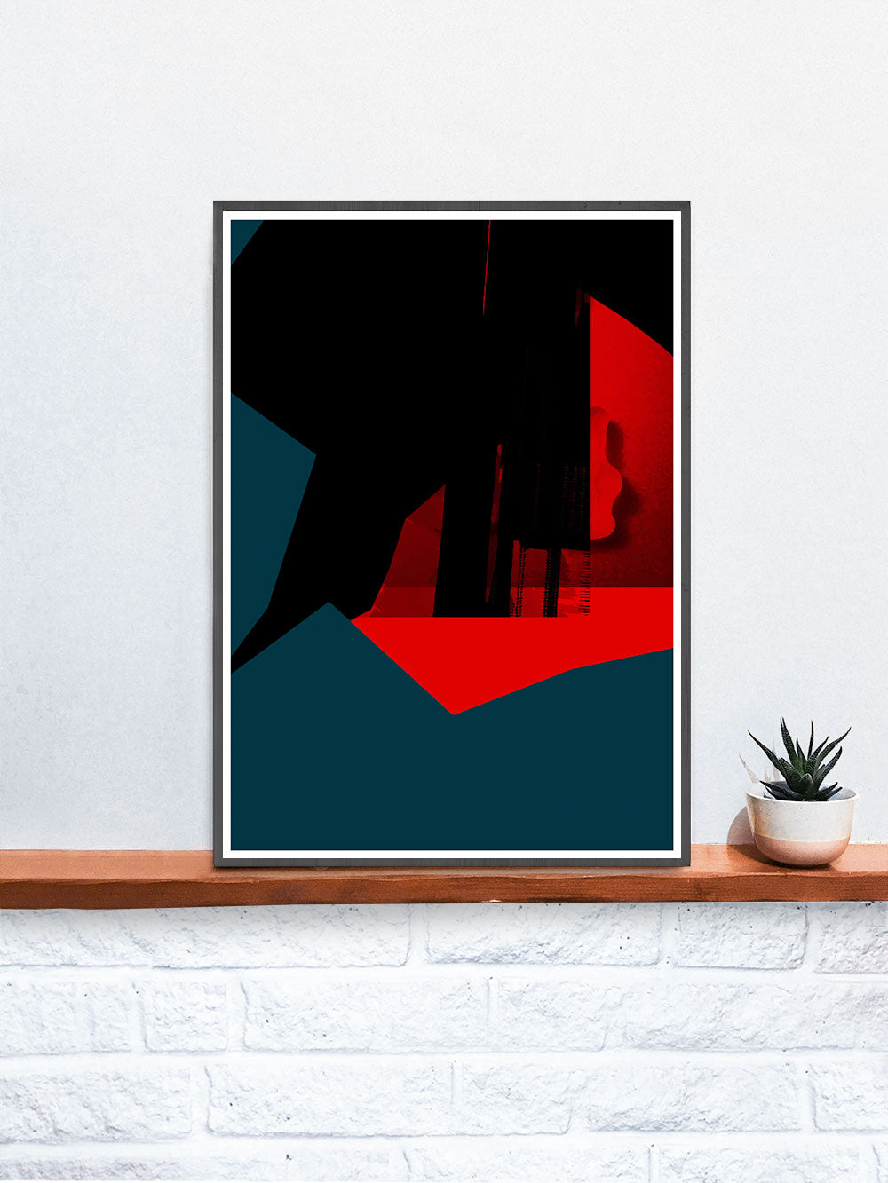 Glitch Cliff Glitch Art Print in a frame on a shelf
