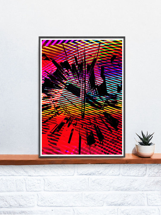 Glitch Clock Glitch Art Print in a frame on a shelf