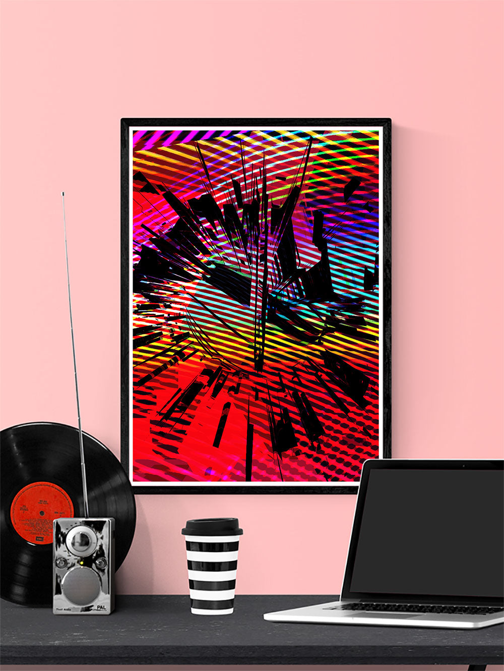 Glitch Clock Glitch Art Print in a frame on a wall