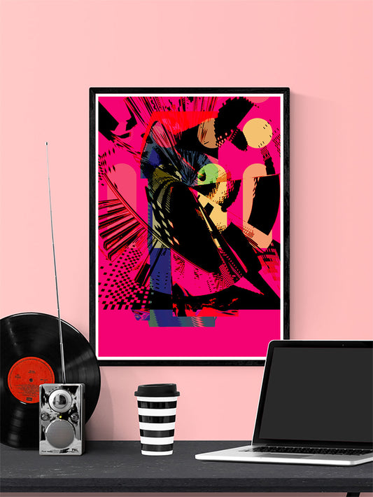 Glitch Cog Glitch Art Print in a frame on a wall