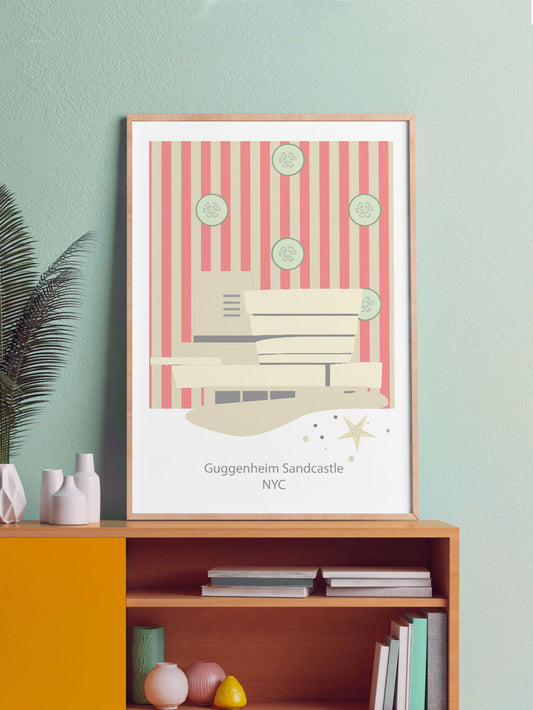 Guggenheim Sandcastle Digital Art Print in a frame on a shelf