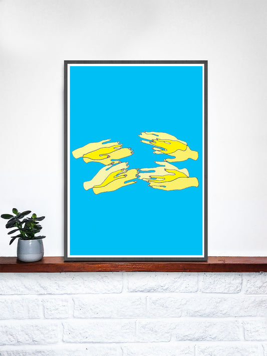 Hands Overlap Colour Contemporary Art Print on a shelf