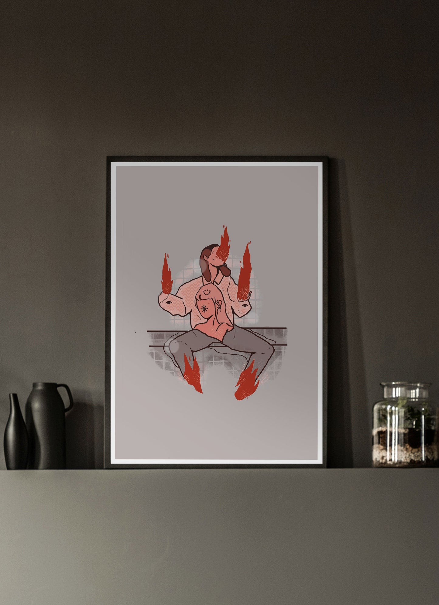 Happy Gurl Illustration Wall Art in a dark room interior