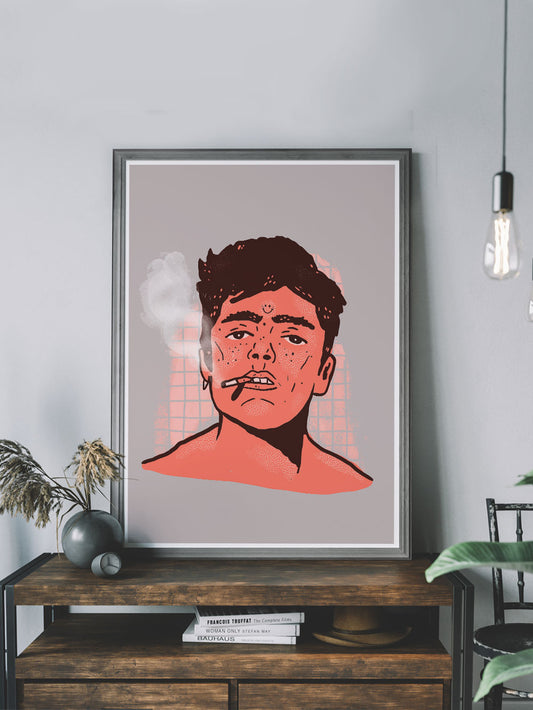 Happy Smoke Portrait Art Print in a trendy room