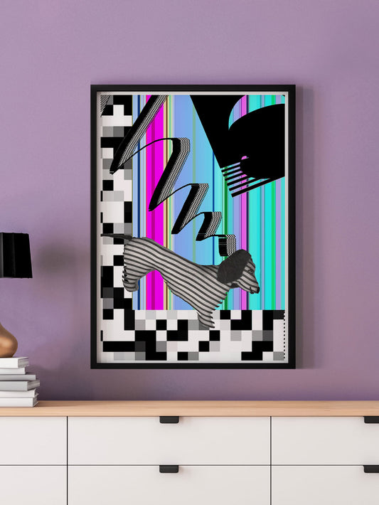Hot Diggity Glitch Art Print in a frame on a wall