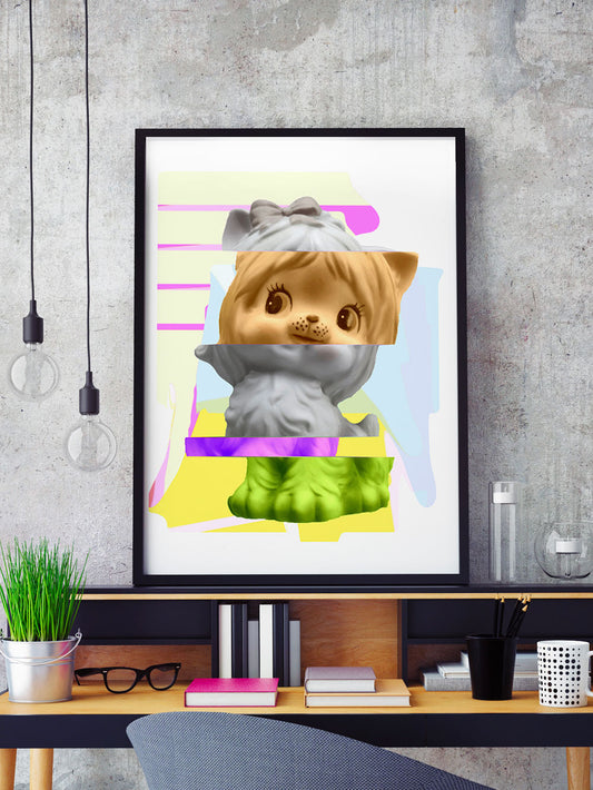 Kitty Splice 1 Cat Art Print in a frame on a shelf