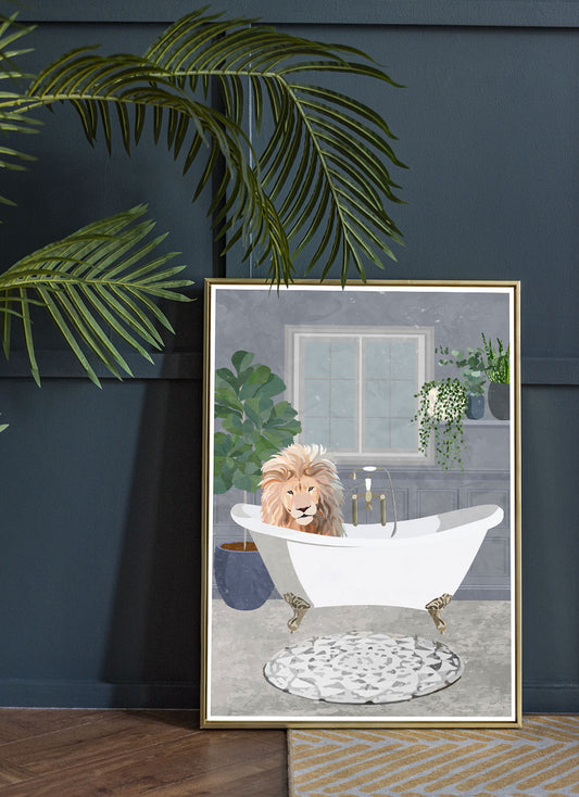 Lion in a Bath Art Print by Sarah Manovski in a moody room with plants
