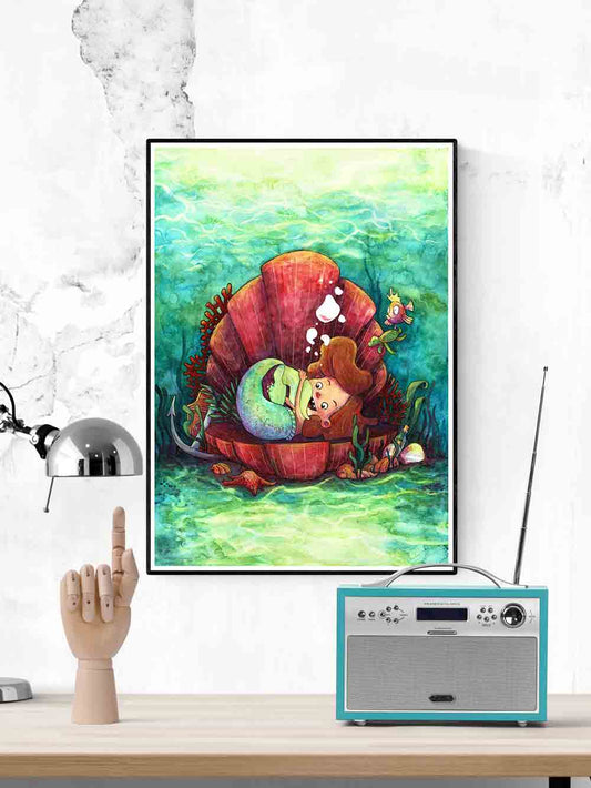 The Little-est Mermaid Art Print in a modern room above a desk
