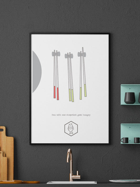 One Chopstick Sushi Art Print in a frame in a kitchen