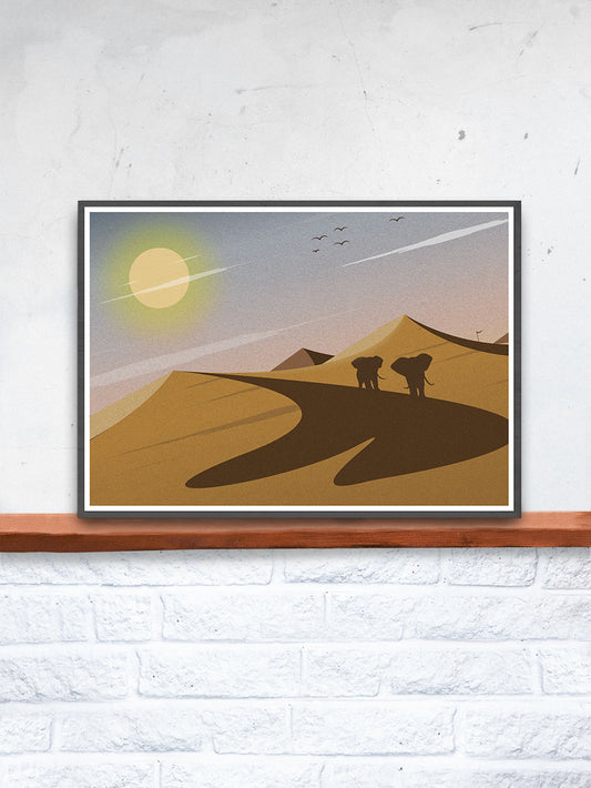 Migration Elephant Art Print in a frame on a shelf