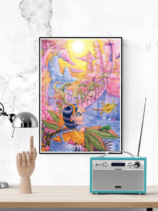 Milly at the Pink Palace Fantasy Art Print in a frame on a wall