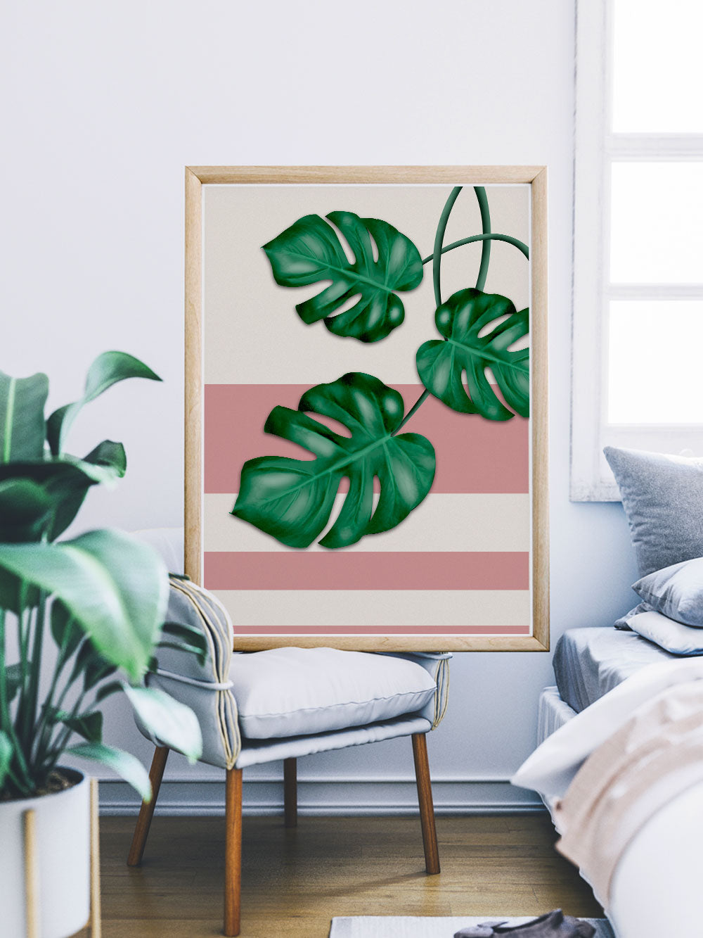 Gorgeous Monstera Deliciosa Art in a lovely bedroom