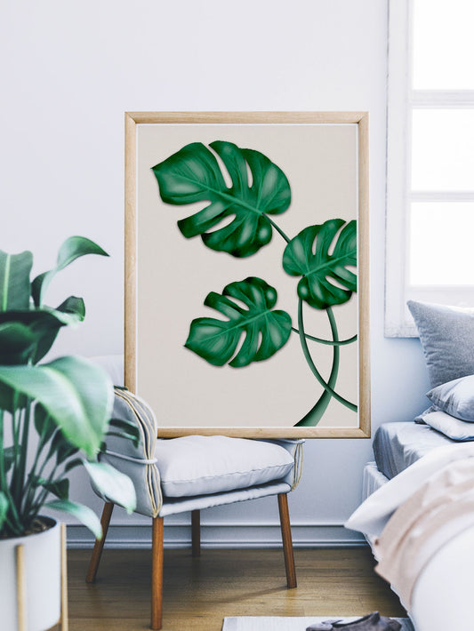 Monstera Print Wall Art in a bedroom