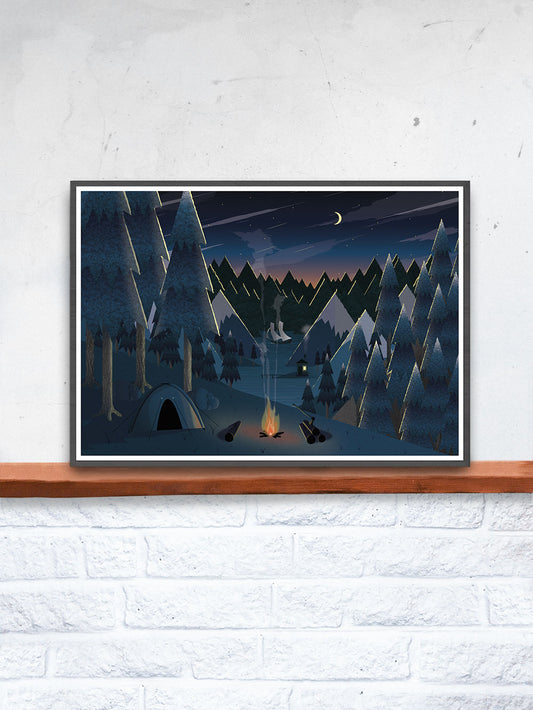 Midnight Camping Art for Kids Print in a frame on a shelf