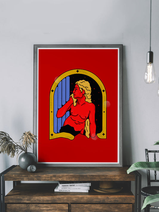 Mujer Viento Nude Art Print ina stylish room