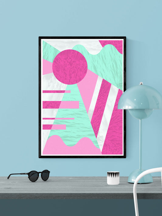 Neon Coral Retro 80s Print in a frame on a wall