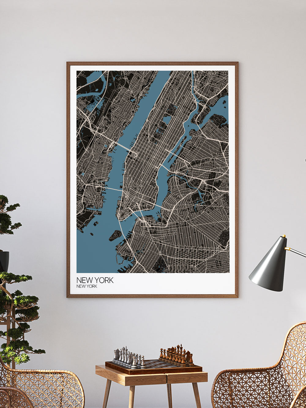 New York Graphic Map Design Print in a frame on a wall