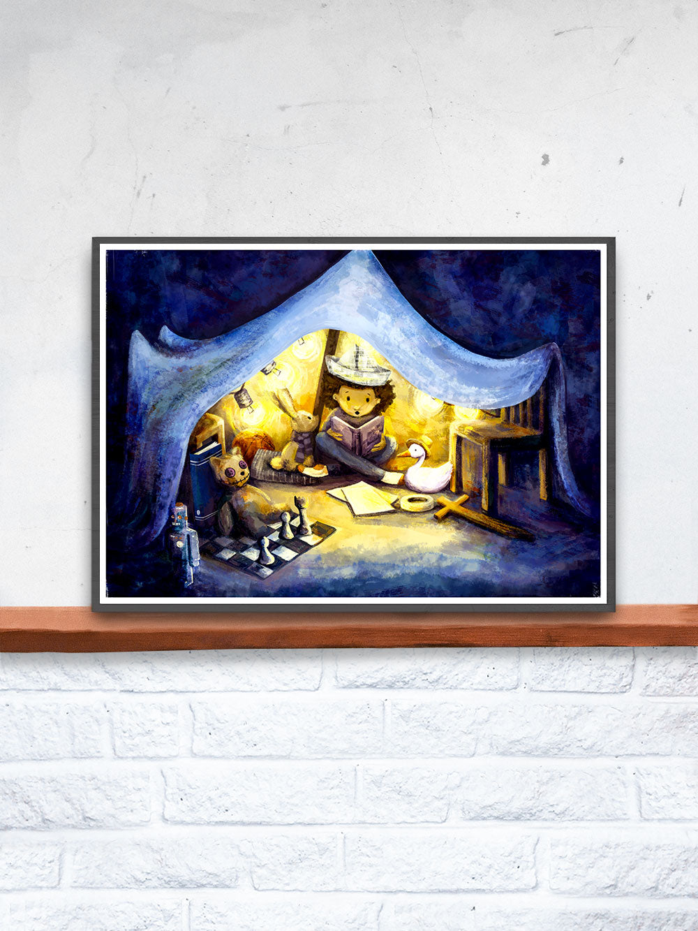 Night Time Stories Kids Wall Art in a frame on a Shelf