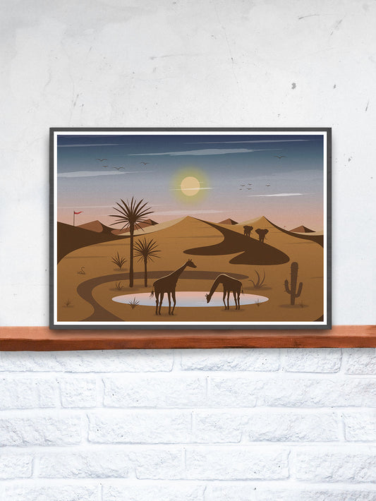 Oasis Illustration Art Print for Kids in a frame on a shelf