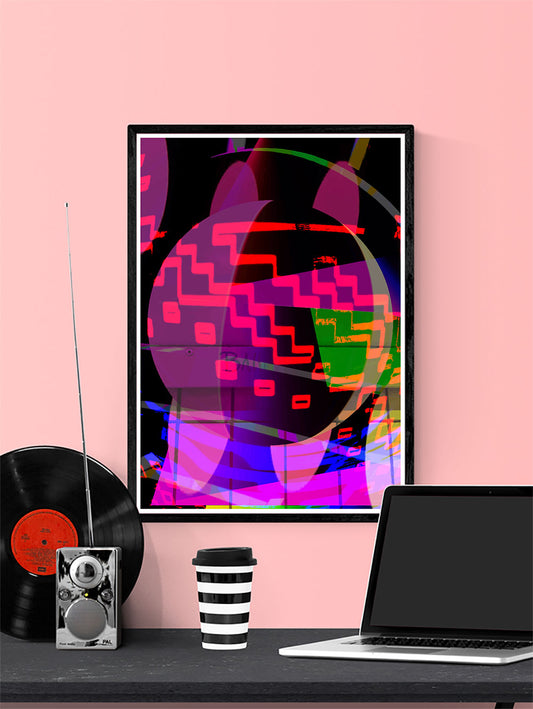 Orbitek Glitch Art Poster in a frame on a wall