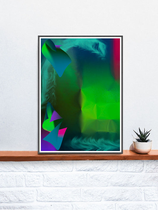 Pointed Point Green Abstract Art in a frame on a shelf