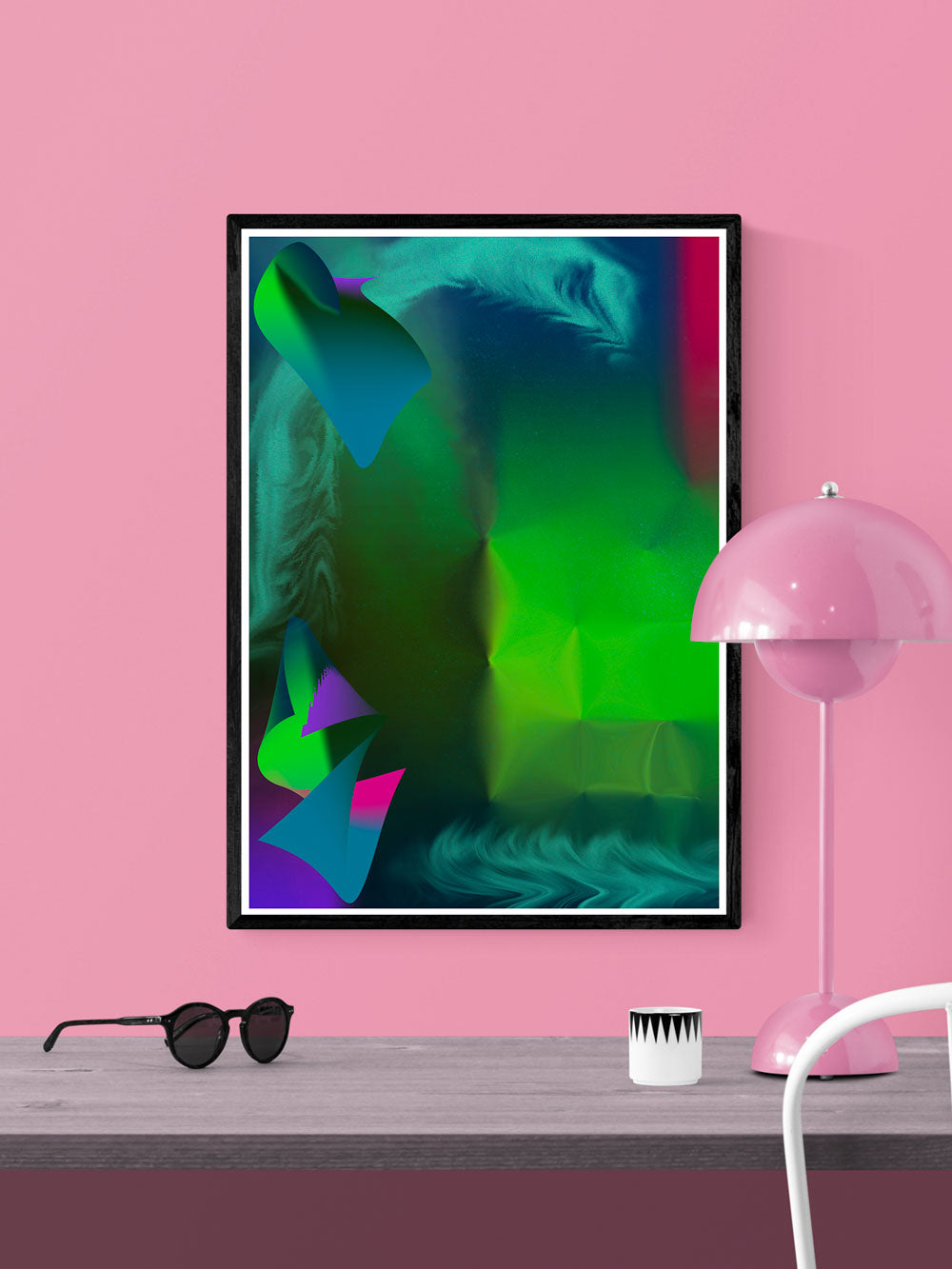 Pointed Point Green Abstract Art in a frame on a wall