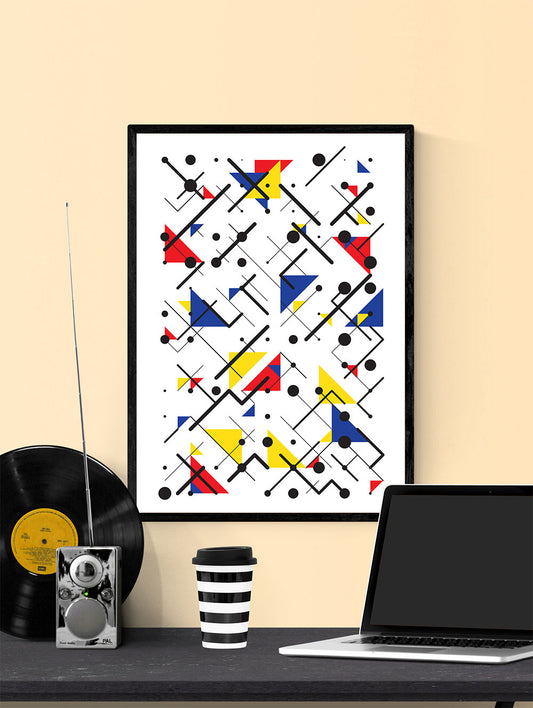 Primary 1 Line and Shape Art Print in a frame on a wall