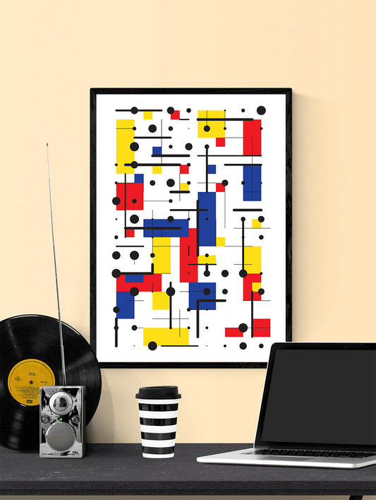 Primary 10 Line and Shape Art Print in a frame on a wall